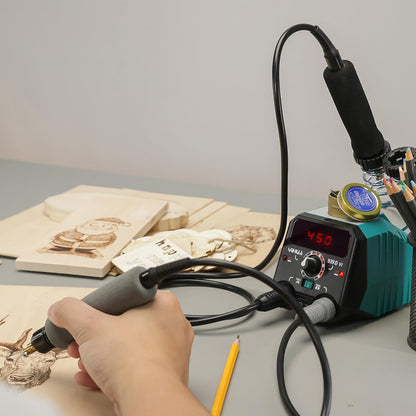 YIHUA 939D-VI Dual Pen Wood Burning Pyrography Tool with Digital Display, 20 Wire Tips, removable wood burning pen, 2 wood pieces as pyrography pen and wood burning iron for wood.