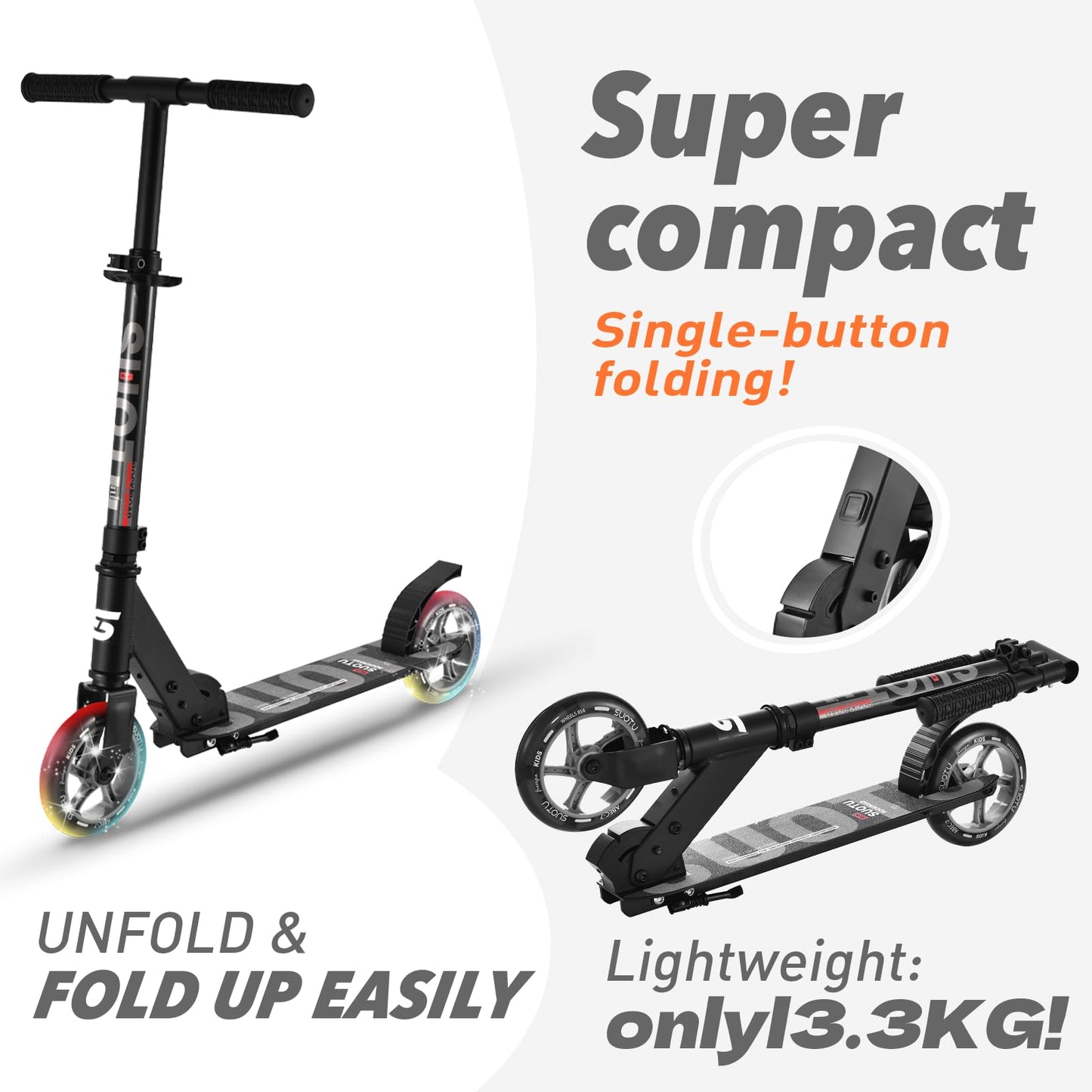 SUOTU Roller for kids with 145mm wheels, scooter with light-up wheel for ages 3-12, foldable, adjustable height, city scooter for boys and girls, aluminum (black)