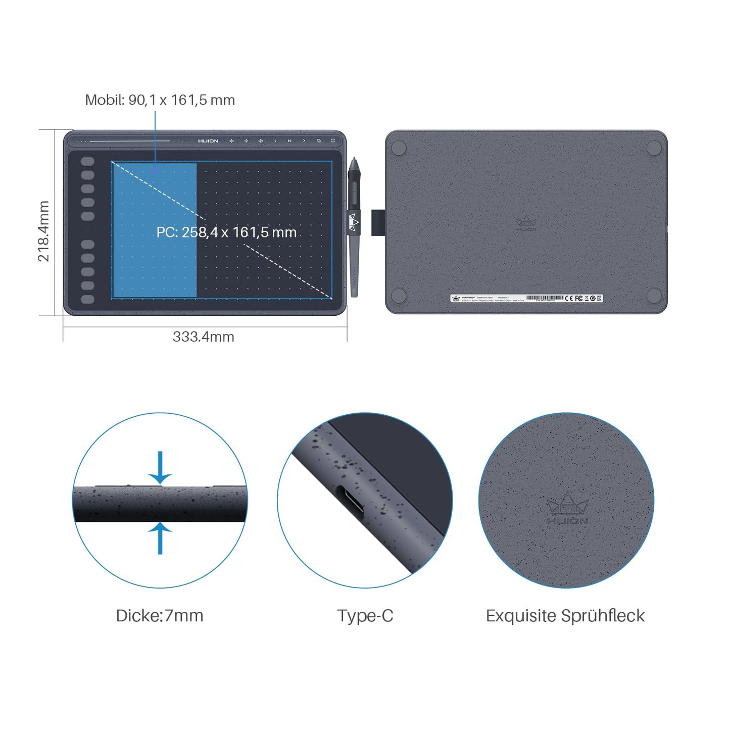 HUION HS611 Graphic Tablet, 10.2 x 6.36 inch Professional Drawing Tablet, Battery-free Digital PW500 Pen, Equipped with Multimedia Touch Keys, Adjustable Volume, Music Playback, Gray