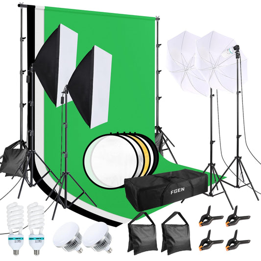 Photo Studio Kit, Cotton Green Screen Set 2.6Mx3M Photo Studio Background System with 135W CFL Photo Lamp 85W LED Photo Lamp Reflector Photo Screens Sandbag for Product Portrait Video Photography.