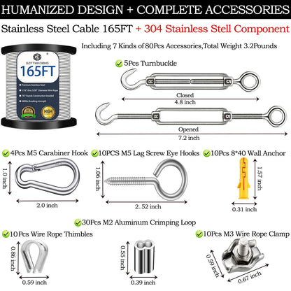 50m steel cable 2mm, 304 stainless steel cable 2mm, wire rope 2mm, M2 wire rope clamp with M5 wire rope tensioner for stainless steel cable system, stainless steel tensioning cable for outdoor use.