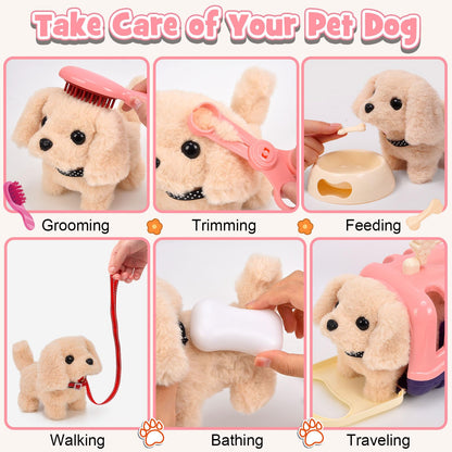 Tacobear dog toy that walks, barks, and wags its tail. Electric plush dog with leash, dog cage, interactive pet, stuffed animal gift for kids, girls aged 3-6 years.