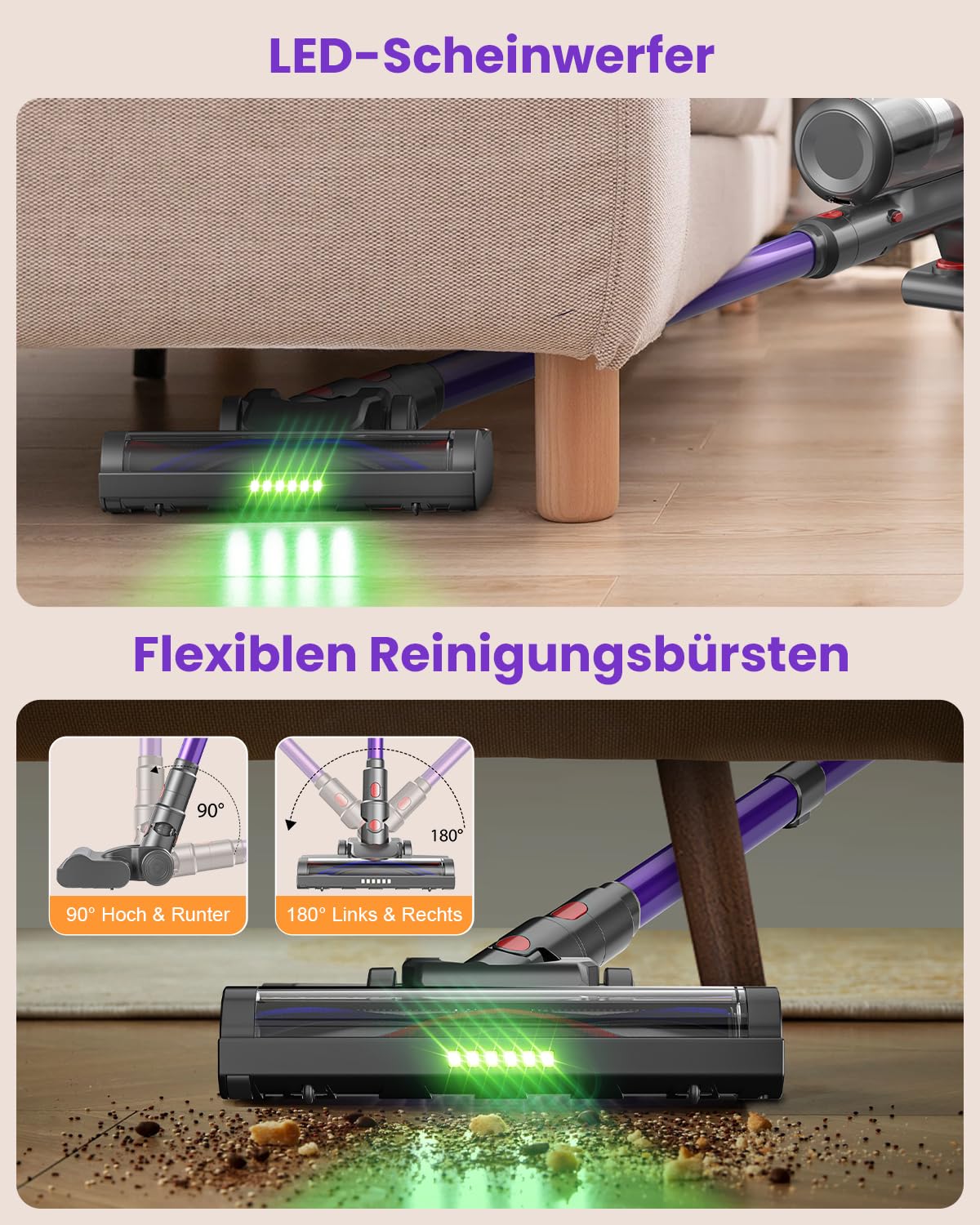 45000Pa battery-powered vacuum cleaner, 550W/70min ultra-quiet cordless vacuum with LED display, improved V-shaped anti-tangle floor brush, 6-in-1 vacuum for pet hair, carpet, hard floors.