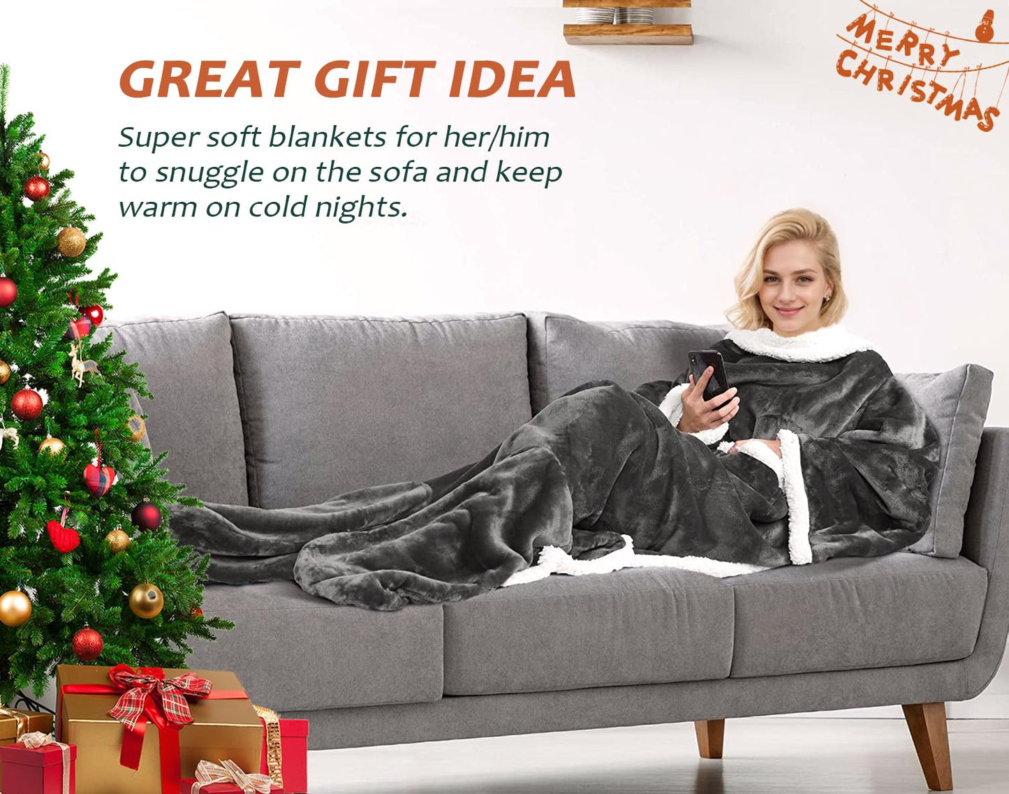 Catalonia Classy Soft Blanket with Sleeves and Foot Pocket, Warm Gift for Women Men Christmas, Fluffy Sherpa Snuggle Blanket with Sleeves, Wearable Adult Throw Blanket, 190 x 135 cm Gray