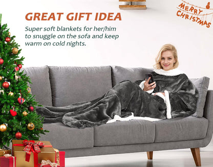 Catalonia Classy Soft Blanket with Sleeves and Foot Pocket, Warm Gift for Women Men Christmas, Fluffy Sherpa Snuggle Blanket with Sleeves, Wearable Adult Throw Blanket, 190 x 135 cm Gray