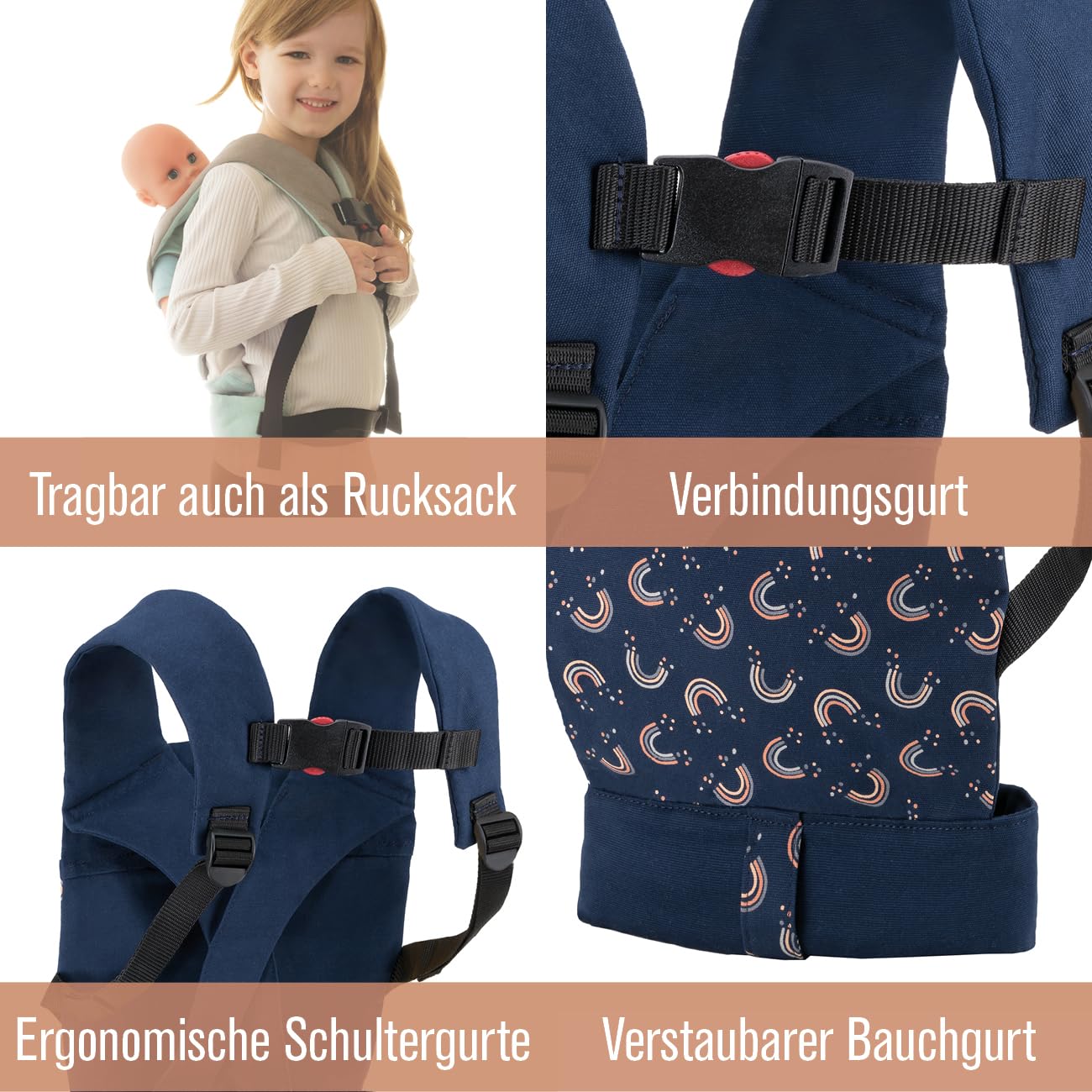 Manduca Doll Carrier - Suitable for toddlers from 18 months - Doll accessory - Doll carrier made of organic cotton for baby dolls and stuffed animals, Rainbow Night