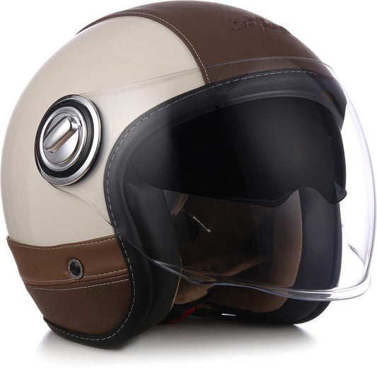 SOXON® SP-888 Pro "Urban Cream" · Jet helmet · Motorcycle helmet Scooter helmet Scooter helmet Moped helmet Chopper · ECE 22.05 Sun visor Leather design Quick release SlimShell bag XL (61-62cm)