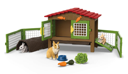 Farm World Rabbit Hutch 42728 | Set of 3 rabbits, with hutch, feed, and accessories | detailed animal figures | farm toy for kids ages 3+ | Set of 17 pieces