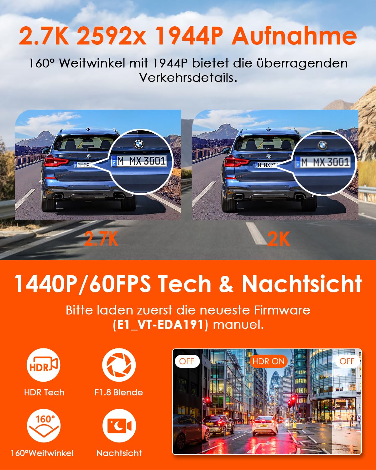 VANTRUE E1 2.7K Dashcam Mini Car WiFi GPS, 2.5K 1440P/60FPS Dash Cam Remote Voice Control, 24Hr Parking Mode, HDR Super Night Vision, 1.54 Inch 160° Hidden Car Camera, max. 512GB