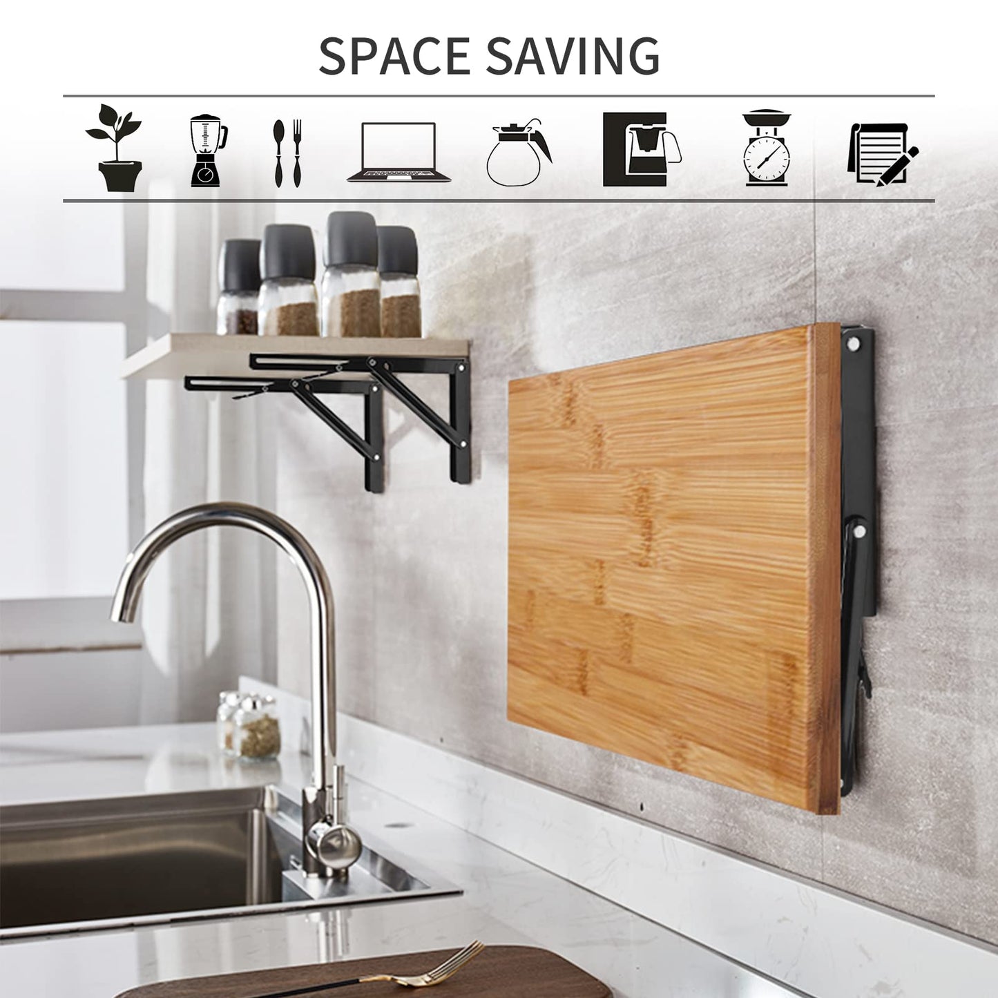 YUMORE Folding Shelf Brackets Heavy Duty 300mm Black - 2 Pack Metal Folding Brackets Wall Table Holder Foldable Shelf Brackets for DIY Folding Tables Benches Shelves Space Saving, Max Load 330lbs