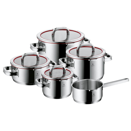 WMF Function 4 Cookware Set Induction 5-piece, glass lids with 4 pouring functions, Cromargan stainless steel polished, Induction Pots Set, interior scaling