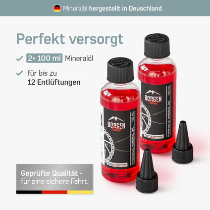 Borrow brake bleeding kit PRO for Shimano, Tektro, and TRP disc brakes - Includes instructions, 2X mineral oil brake fluid, brake bleed kit, bike brake bleeding set.