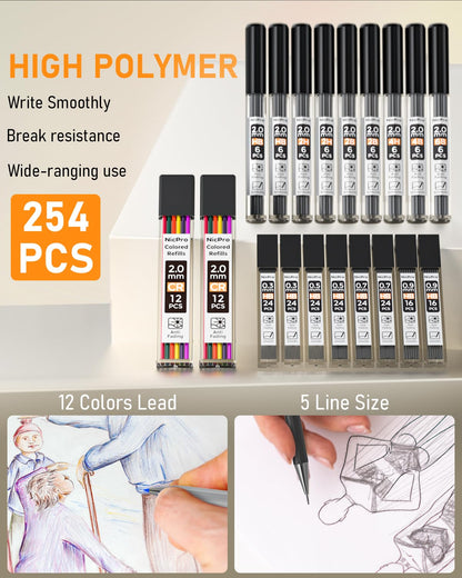 Nicpro 34-piece mechanical pencil set, black metal mechanical pencil set, 0.3, 0.5, 0.7, 0.9mm, and 2mm lead holders (6B, 4B, 2B, HB, 2H, 4H, CR) for sketching, drawing, with 19 tubes of lead.