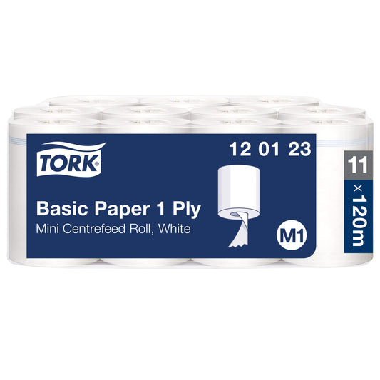 Tork 120123 Standard paper towels for M1 Mini dispenser with internal supply - White paper towels, 1-ply & unembossed - 11 rolls x 120 meters, unperforated (21.5 cm)