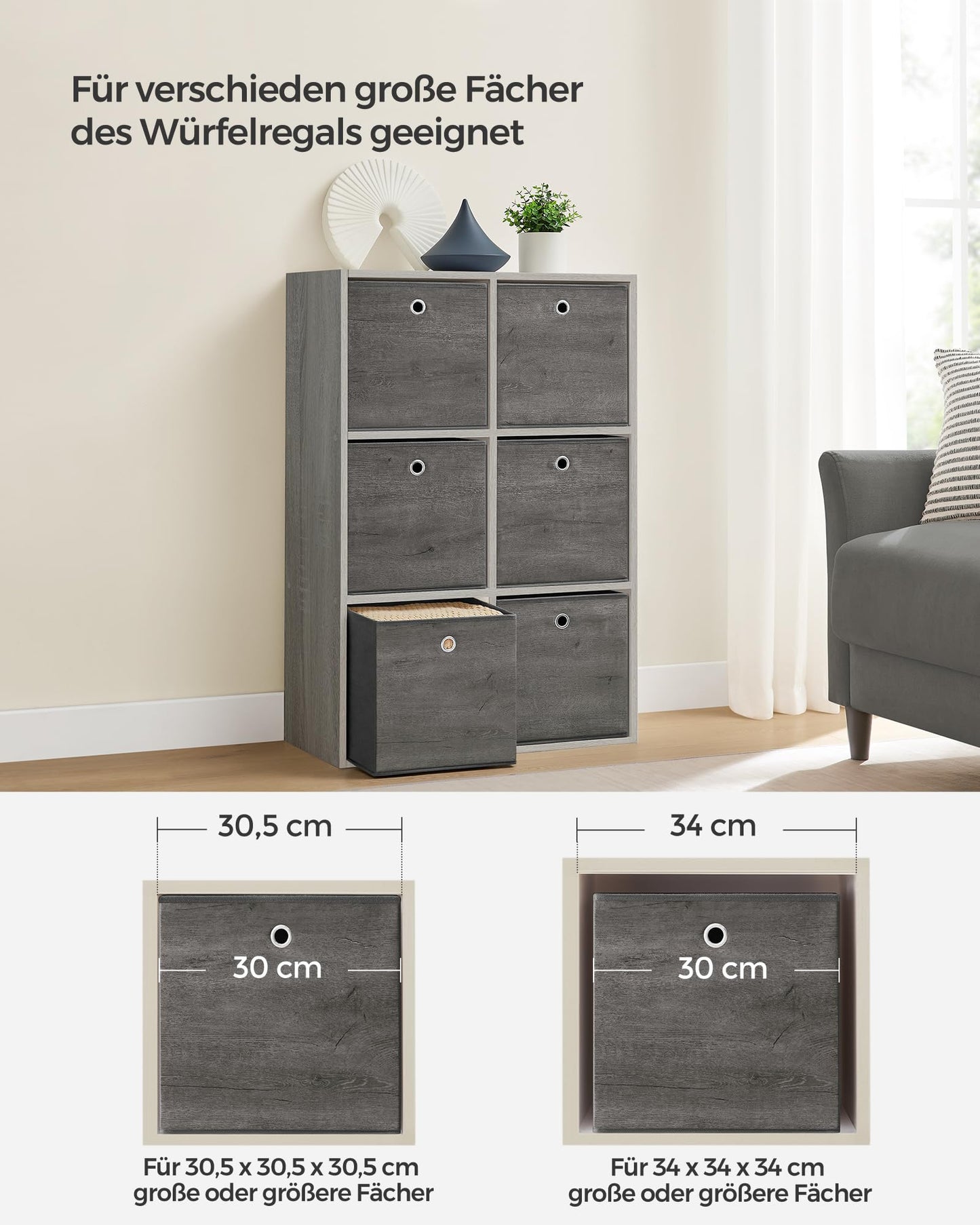 SONGMICS Storage Box, Set of 6, Organizing Boxes, Fabric, Foldable, 30 x 30 x 30 cm, Cloth Box, for Cube Shelf, Clothing Organizer, Mist Gray RFB102G01