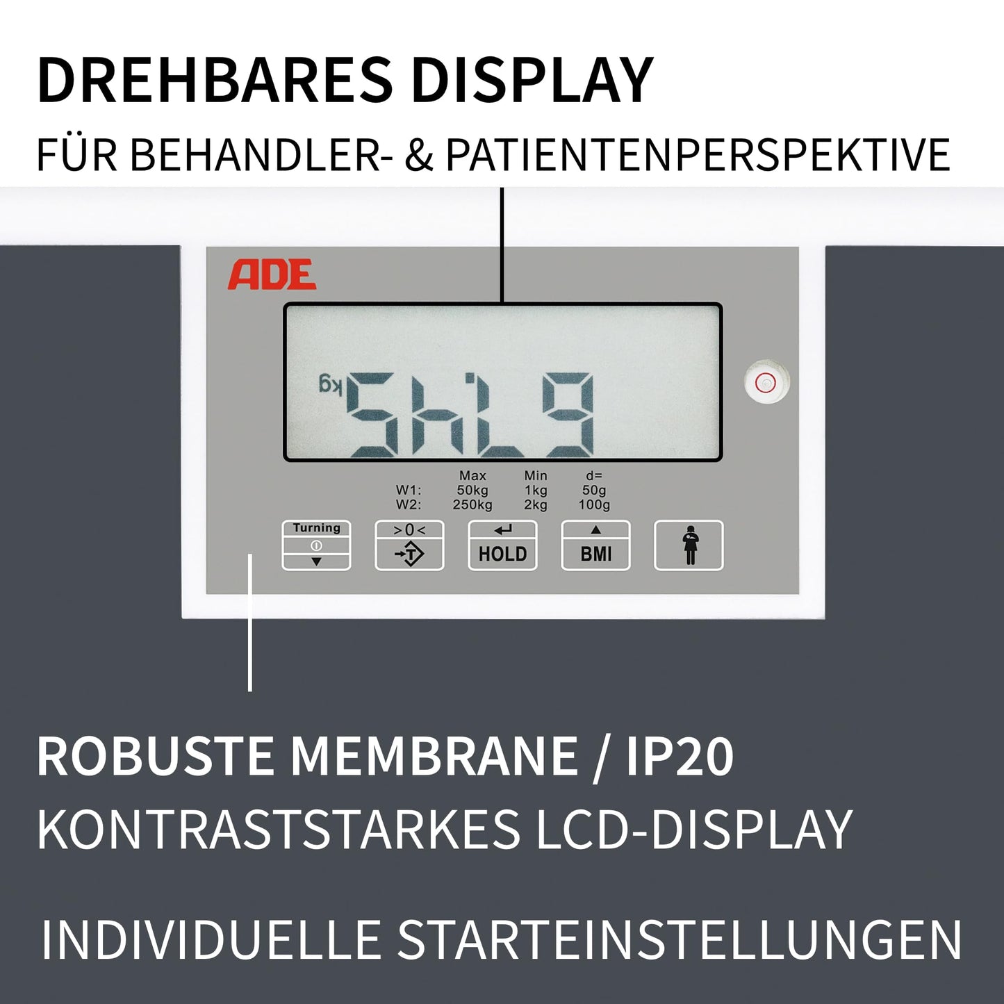 ADE medical personnel scale M320600 professional scale up to 250 kg, extra wide weighing surface, MPG approved, non-calibrated - BMI, hold function, rotatable display