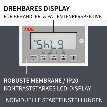 ADE medical personnel scale M320600 professional scale up to 250 kg, extra wide weighing surface, MPG approved, non-calibrated - BMI, hold function, rotatable display