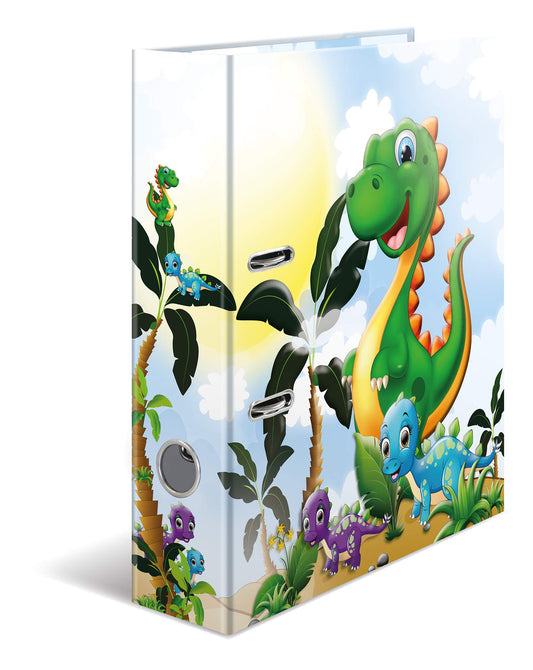 HERMA A4 Dino Set with 10 folders, 7 cm wide. Ring binder featuring kindergarten dinosaur design. Colorful file organizer with inner print for boys, girls, and kids.