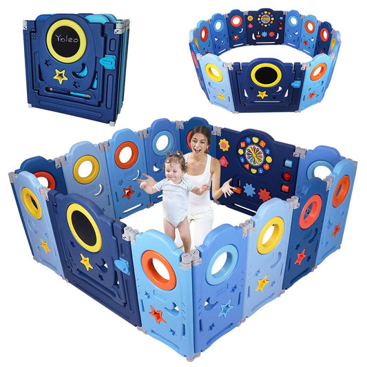 YOLEO Playpen for baby, Foldable Playard 120×120cm, Plastic Playpen in adaptable shape, playpen with door and toy board, Blue