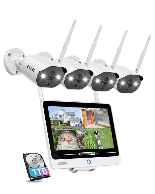 ZOSI 3MP outdoor WiFi surveillance camera set with 12.5 inch monitor, 4X 3MP WiFi cameras for outdoor surveillance and 1TB hard drive for home security, spotlight alarm, 30m color night vision.