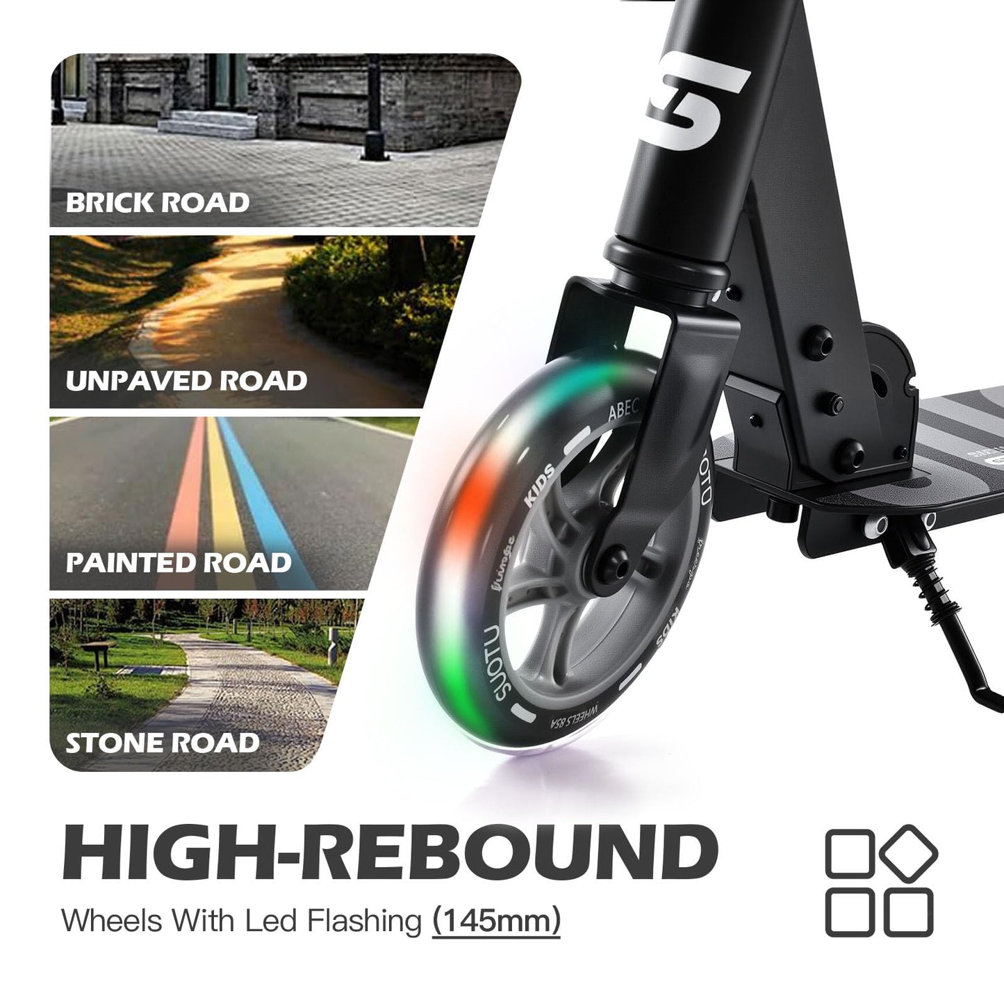SUOTU Roller for kids with 145mm wheels, scooter with light-up wheel for ages 3-12, foldable, adjustable height, city scooter for boys and girls, aluminum (black)