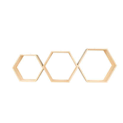 HANDKADECOR Hexagonal Wooden Shelves - Set of 3 - Honeycomb shaped shelf boxes stand