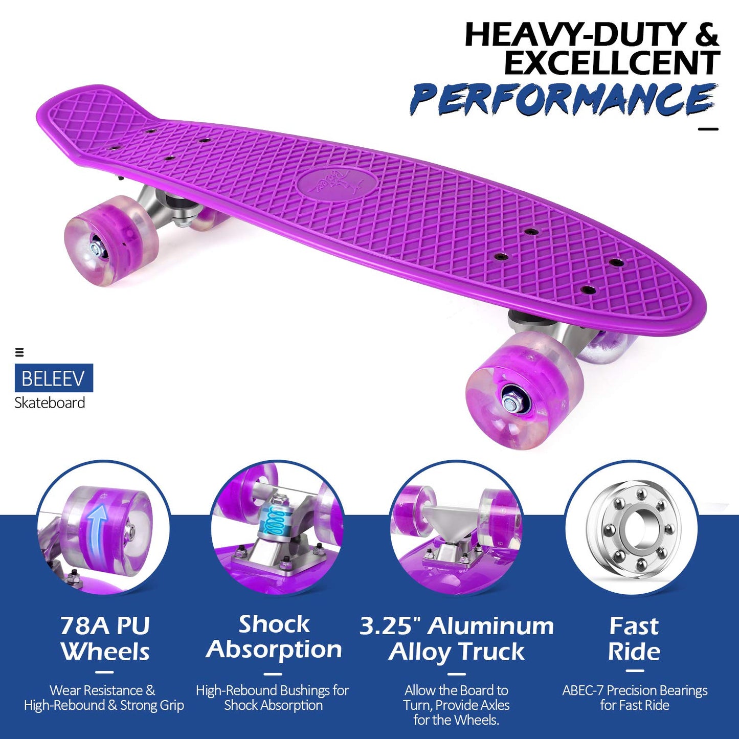 BELEEV Kids Skateboard 22 Inch with LED Light Up Wheels, Complete Mini Cruiser Skateboard for Kids Teenagers Adults, LED Light Up Wheels with All-in-one Skate T-Tool for Beginners