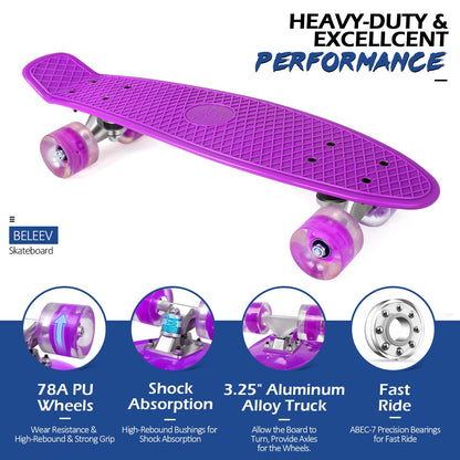 BELEEV Kids Skateboard 22 Inch with LED Light Up Wheels, Complete Mini Cruiser Skateboard for Kids Teenagers Adults, LED Light Up Wheels with All-in-one Skate T-Tool for Beginners