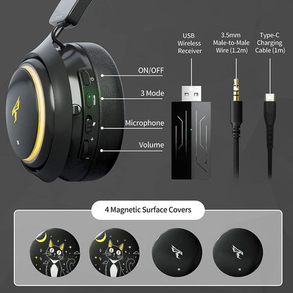 Somic Wireless Gaming Headset, Bluetooth headset for smartphone, retractable microphone, 7.1 surround sound, 50mm drivers, RGB lighting, cute cat ear headphones for girls, Black