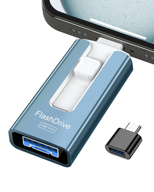 GNASEET USB stick 256GB for iPhone, 4 in 1 USB flash drive for iPhone/iPad/Android phone/PC, USB 3.0 memory stick high-speed flash drive, iPhone external storage expansion photo stick, blue.