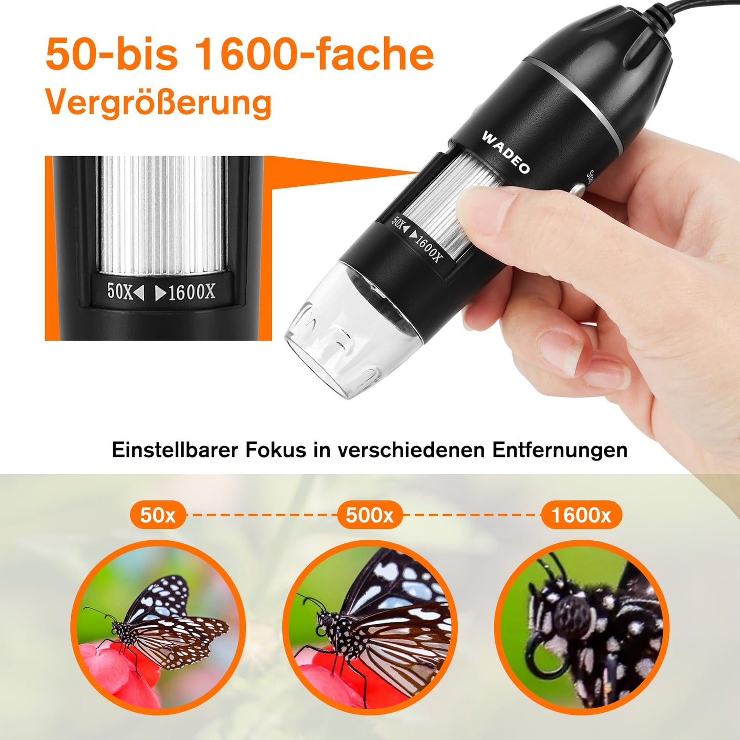 WADEO Digital Microscope, USB microscope 1440P HD with 50X-1600X magnification, Portable Inspection Camera WiFi-free, Wired Hand Microscope with 8 LED and Stand, compatible with iOS, Android, and tablets.