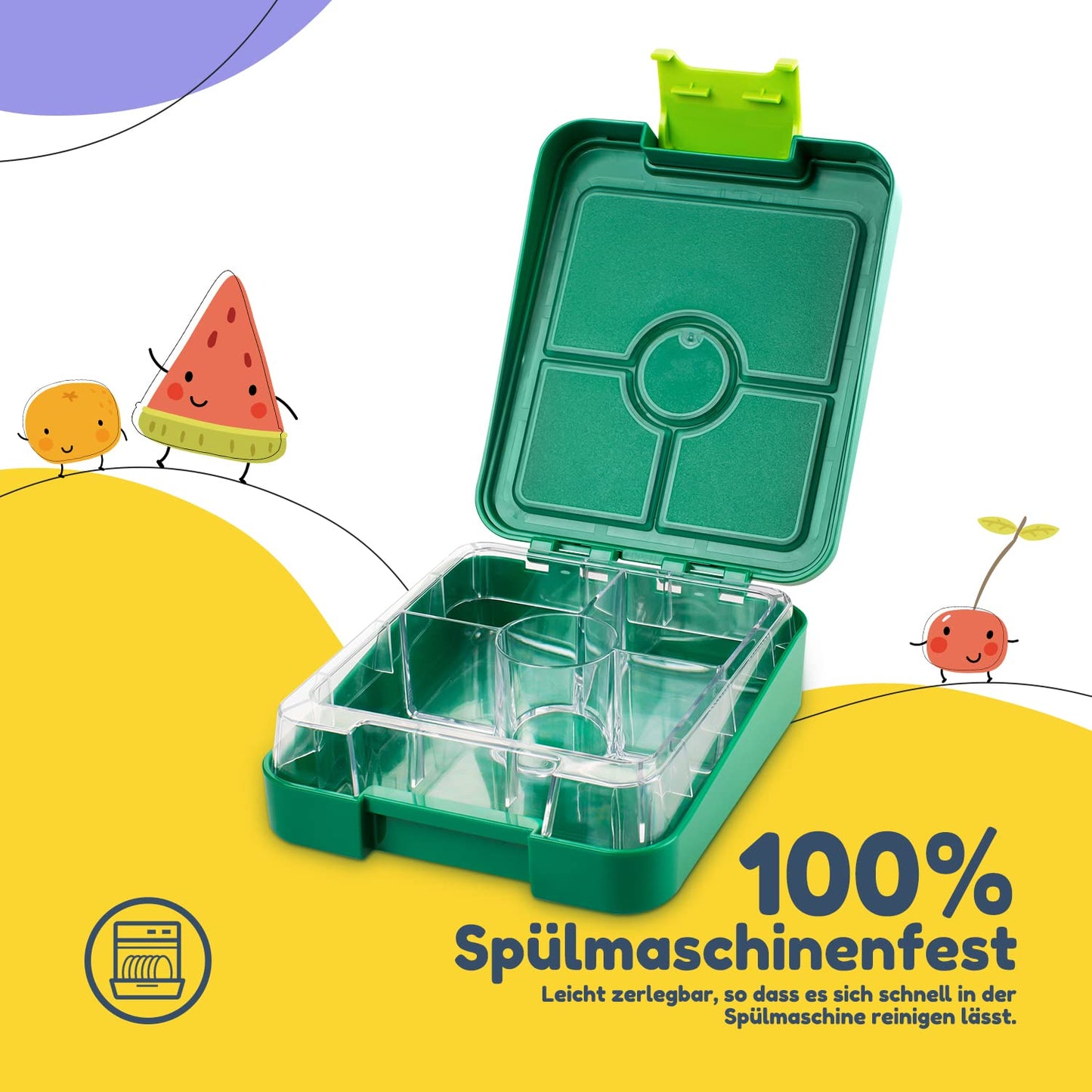 smackfatz Easy Bento Lunchbox for Kids, BPA-free, lunchbox with 4 compartments, easy to open and clean, great for school, sports, and kindergarten (Green)