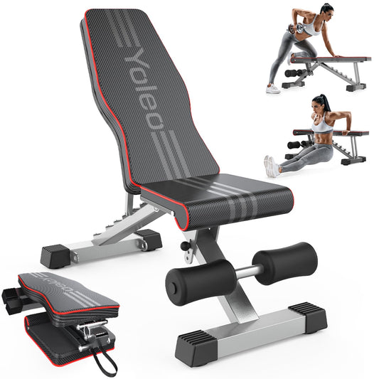 YOLEO Folding Weight Bench Multi-function Training Fitness Bench Ab Trainer Incline Bench with 7-position Adjustable Backrest/4-position adjustable seat cushion, Supporting Weight 300kg, Sit Up Bench.