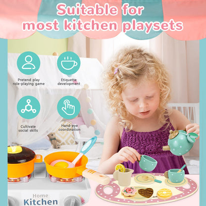 Airlab tea set children's kitchen accessories, wooden toy tea set, tea party play kitchen role play, wooden kitchen games, gift for kids girls boys.