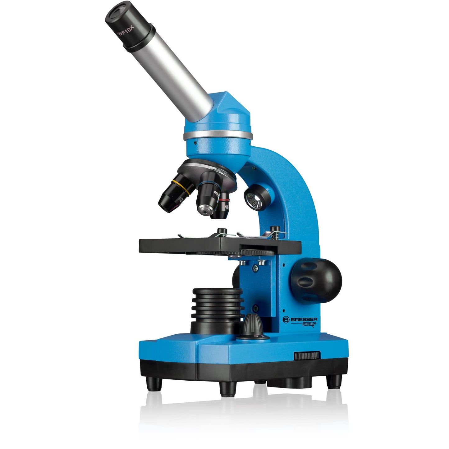 Bresser Junior student microscope BIOLUX SEL with smartphone holder, extensive accessories, and Barlow zoom system for children, beginners, and adults, blue.