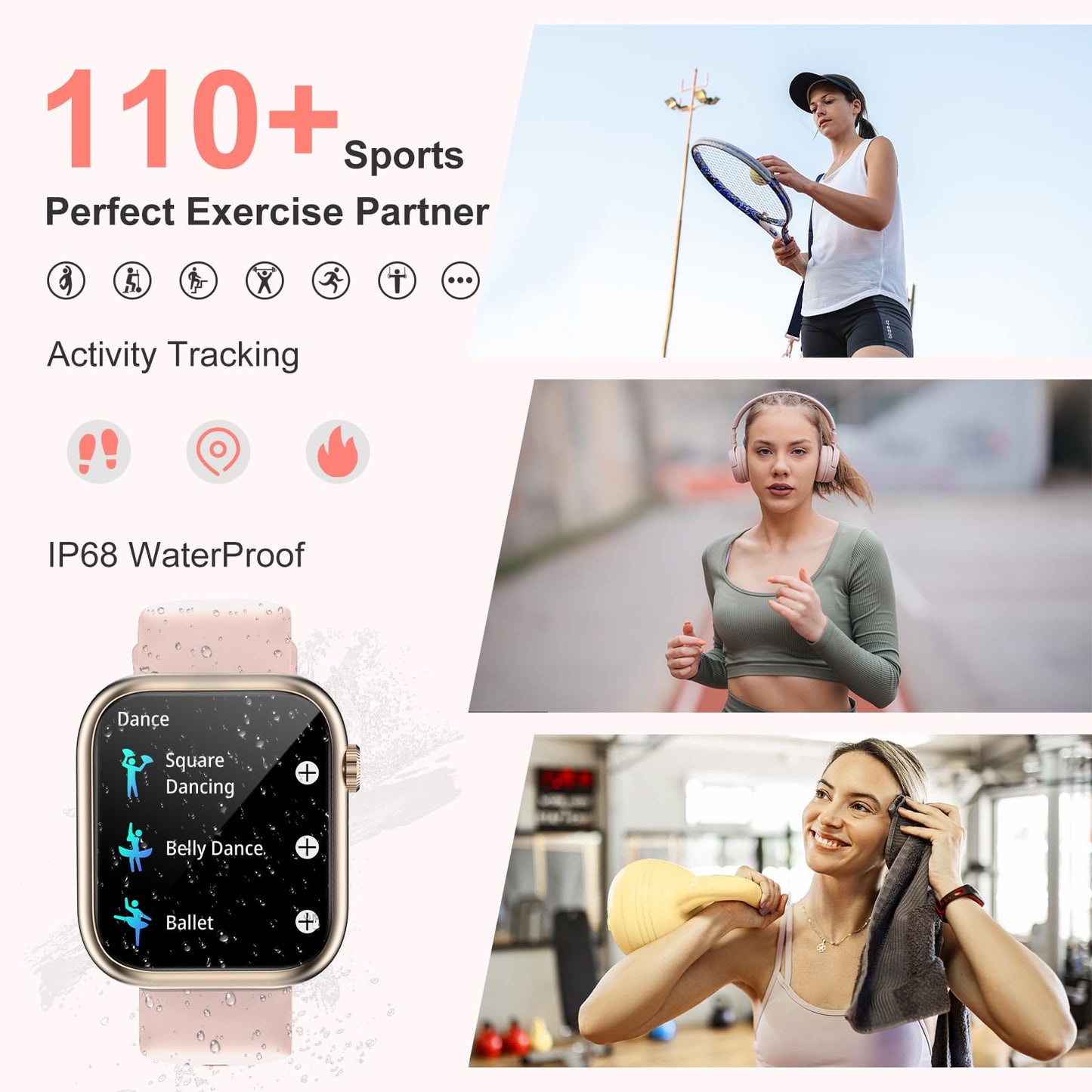 fitonyo Smartwatch for Women with Phone Function, 1.83" Inch Touch Screen Smart Watch, 110+ Sport Modes Sleep Monitor Heart Rate Monitor, IP68 Waterproof Watch, Fitness Tracker Sport Watch Smartwatch for iOS Android, Pink