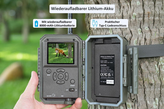 Meidase P100P Trail Camera WiFi Bluetooth, 48MP 1296P, 27m detection range, 0.1s motion activation, IP66 waterproof, mobile app transfer, 8000mAh rechargeable battery.