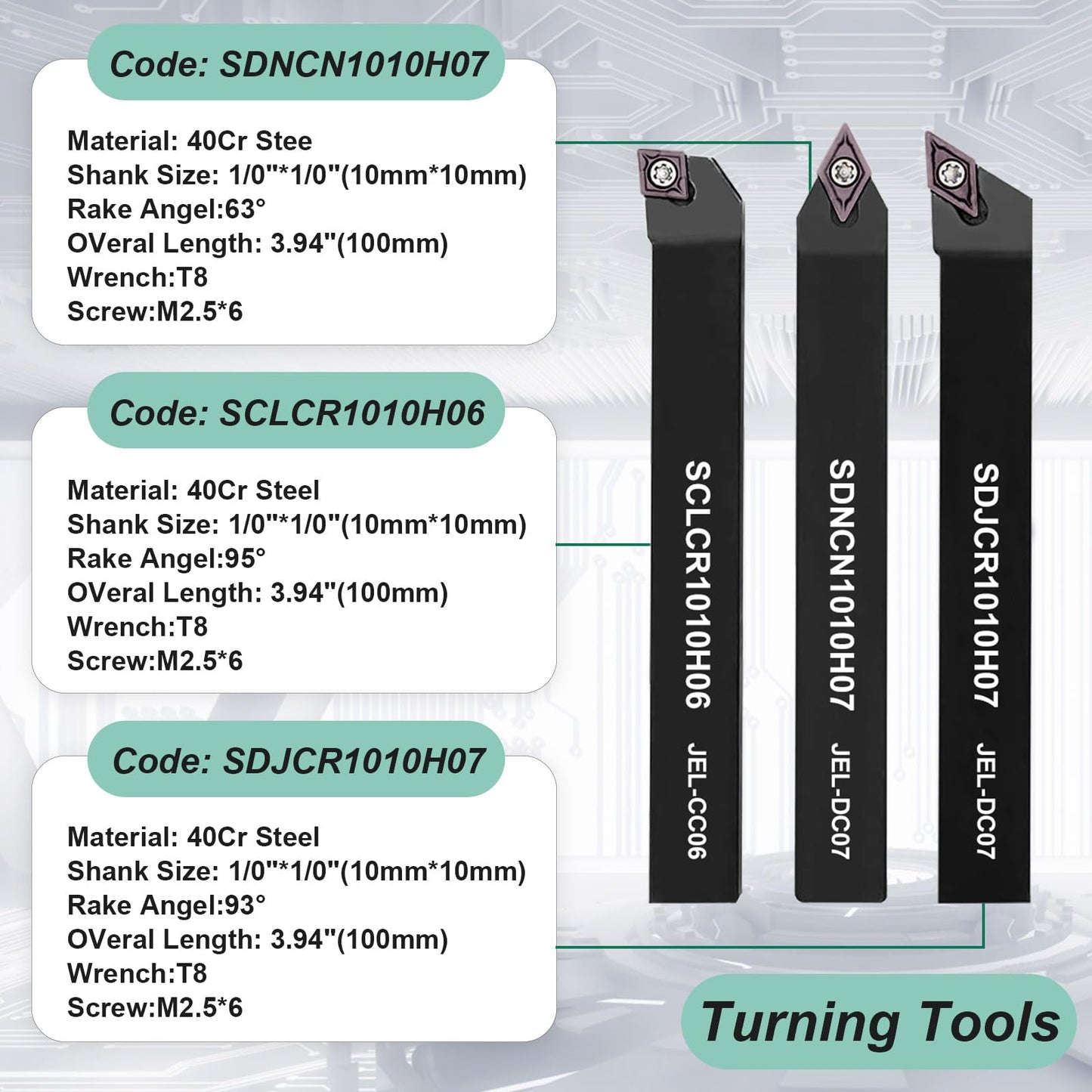 21 piece indexable turning tool set with boring bar, turning tool, and turning tool holder. Includes 7 turning tool holders, 7 carbide inserts, and 7 wrenches (10 mm).