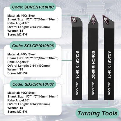 21 piece indexable turning tool set with boring bar, turning tool, and turning tool holder. Includes 7 turning tool holders, 7 carbide inserts, and 7 wrenches (10 mm).