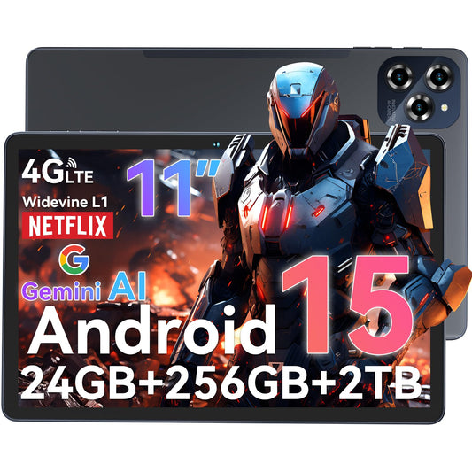 TABWEE W90 Android 15 Tablet 11-inch - 24GB RAM+256GB ROM, FHD Large Display Gaming Tablet, Dual 4G LTE+5G WiFi, Octa Core T615, 8000mAh Battery, 16MP+8MP AI Camera, Gemini AI, WideVine L1, TÜV, GPS