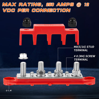 250A 12V busbar with 4 x M8 (5/16") terminal studs, DC bus bar distribution block with cover, negative & positive high power bus bar box for car, boat, solar system (M8)