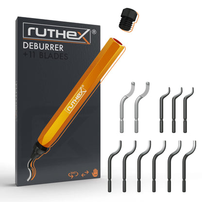 Ruthex deburring tool with 11 blades for plastic, metal, stainless steel, copper, PVC - perfect for 3D printing accessories - hand deburrer with storage compartment in handle - 360° rotating blades.
