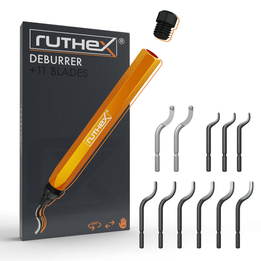 Ruthex deburring tool with 11 blades for plastic, metal, stainless steel, copper, PVC - perfect for 3D printing accessories - hand deburrer with storage compartment in handle - 360° rotating blades.