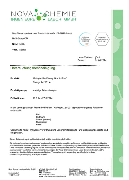 Methylene Blue 100ml high-dose drops from Nordic Pure | Solution with 99.9% purity | High-dose Methylene Blue | Methylene Blue 1% solution | Laboratory tested & produced in Germany