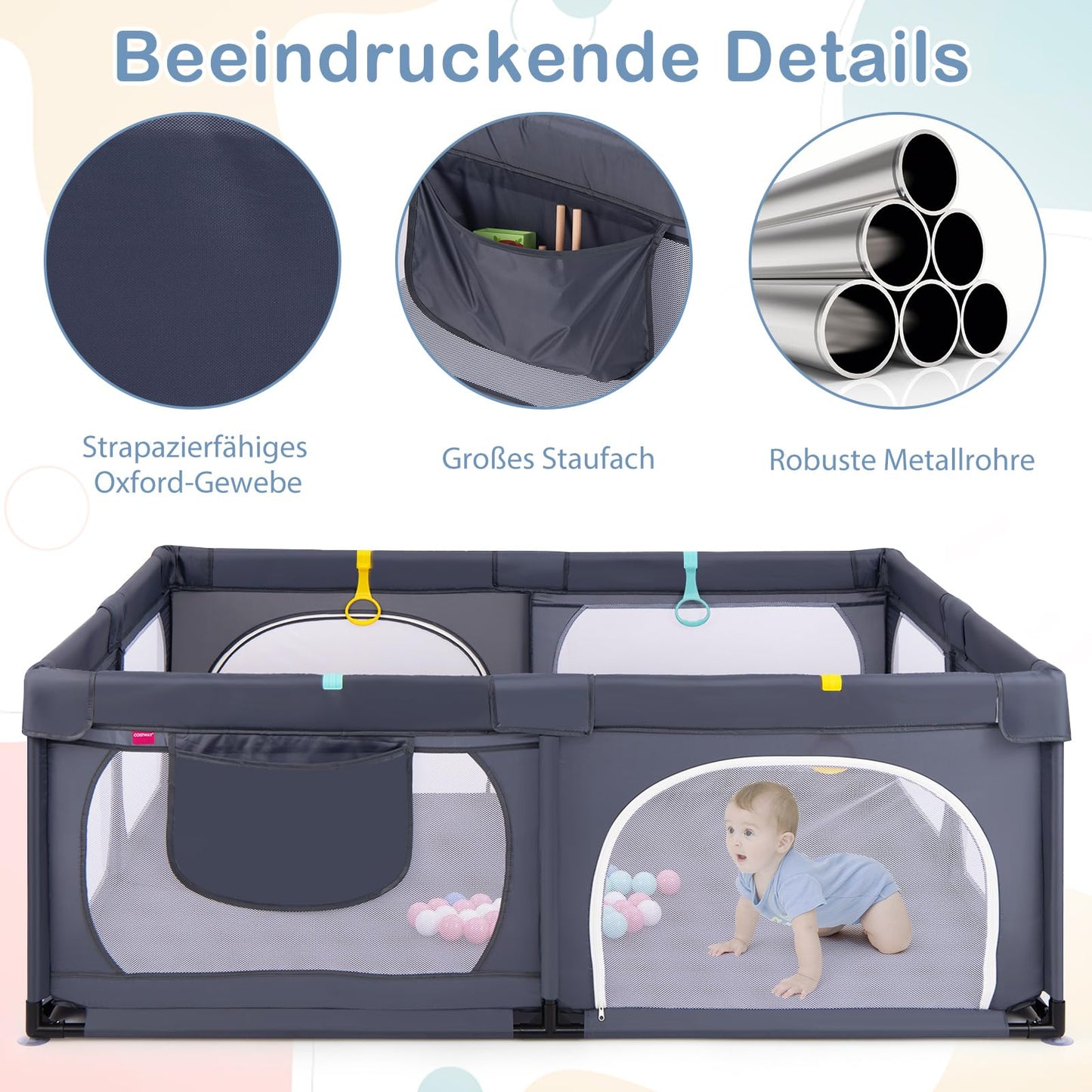 DREAMADE Playpen for Baby, 189 x 158 cm Play Yard with 4 Pull Rings & 50 Ocean Balls & Carrying Bag, Large Safety Fence for Babies & Toddlers 0-3 Years (without Mattress, Dark Gray)