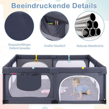 DREAMADE Playpen for Baby, 189 x 158 cm Play Yard with 4 Pull Rings & 50 Ocean Balls & Carrying Bag, Large Safety Fence for Babies & Toddlers 0-3 Years (without Mattress, Dark Gray)