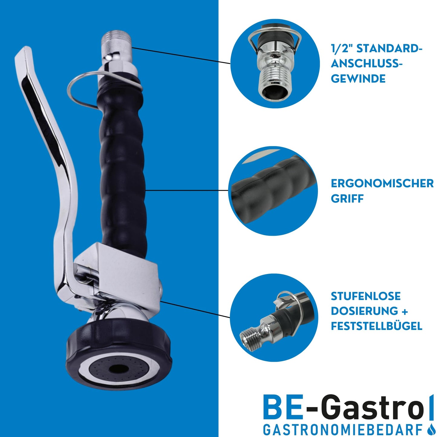 BE-GASTRO® Professional Gastro Hand Shower (Black | Blue) incl. locking clip | 1/2" standard AG | Stainless steel replacement shower for dishwashing spray / gastro spray.
