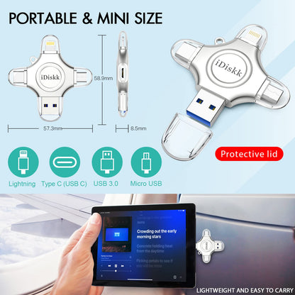 iDiskk 512GB Photo Stick for iPhone, 4-in-1 iPhone Lightning USB Stick, External iPhone storage sticks, iPad storage, works with the latest iPhone USB-C device, Android phone, Mac, and computer.