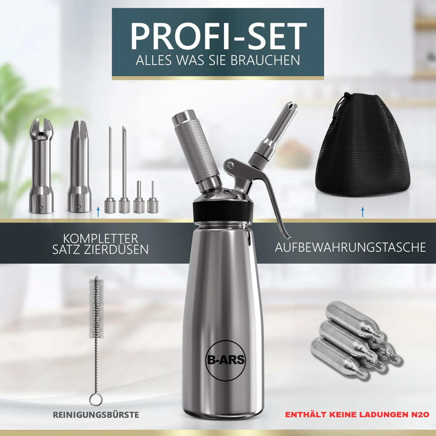 B-ARS cream dispenser stainless steel 0.5L for whipped cream espumas with accessories decoration nozzles injection needles cleaning brush storage bag recipe ebook cream spray bottle.