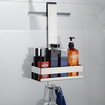 Cooeco hanging shower caddy - stainless steel shower basket for hanging on glass shower screen without drilling. Shower shelf shampoo holder with hooks for frameless glass door shower wall. No drilling required.